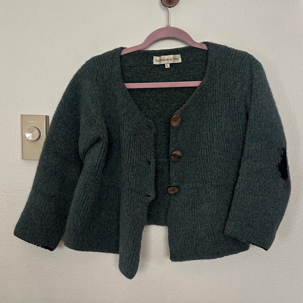 Suzanne de la Torre Alpaca Wool Cardigan Wood Buttons 3/4 Sleeve Cropped Peplum